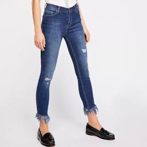 Free People Blue Great Heights Frayed Hem Distressed Skinny Straight Leg Jeans